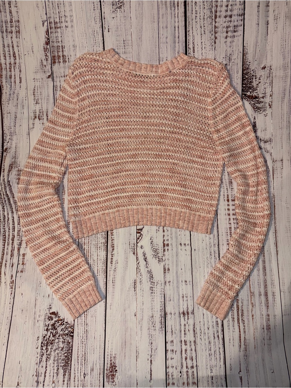 Large Arizona Jean Company Pink & Cream “Striped” Cropped Crewneck Sweater - Picture 3 of 3